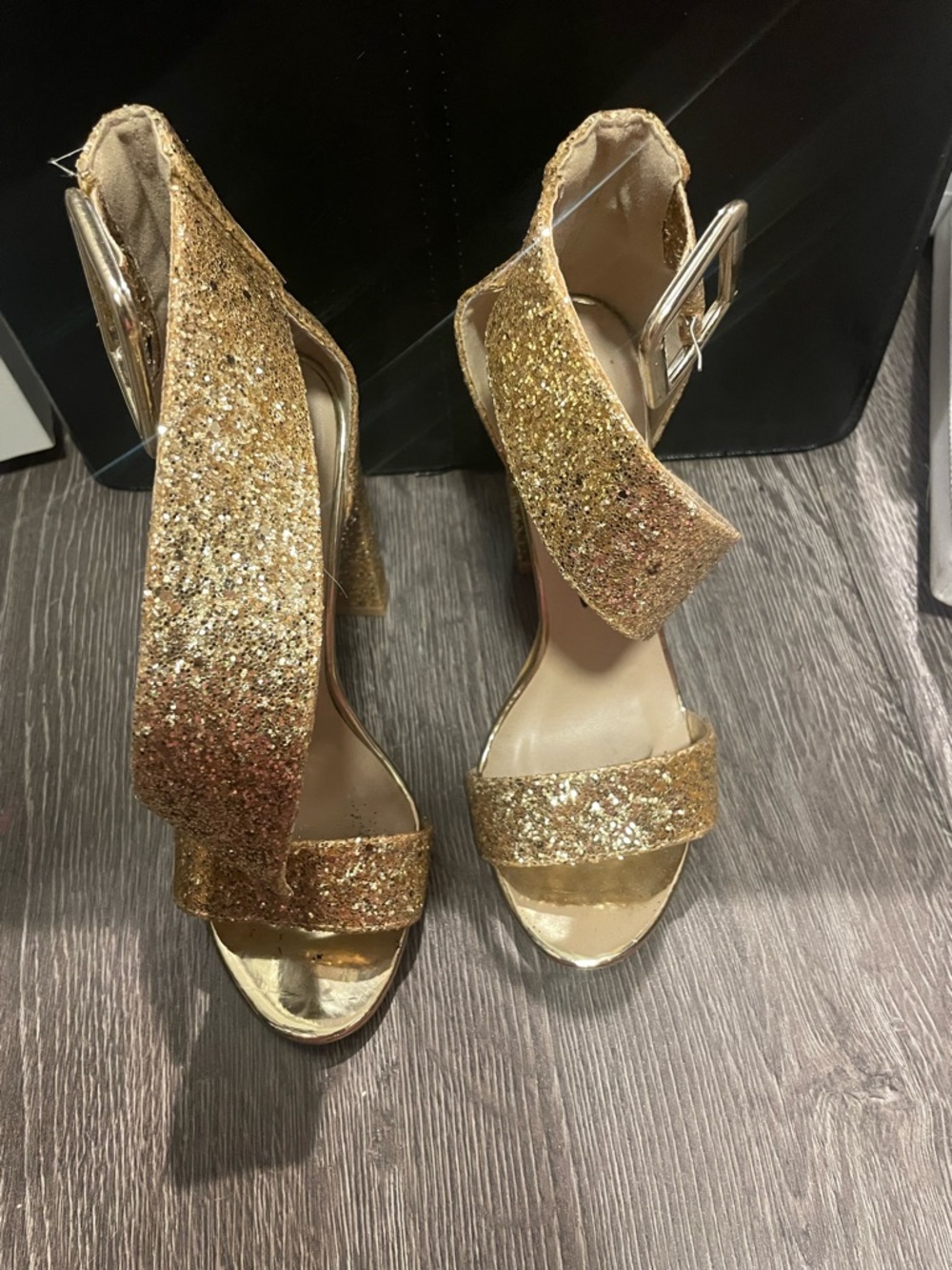 Gold Glitter Ankle Strap High Heels